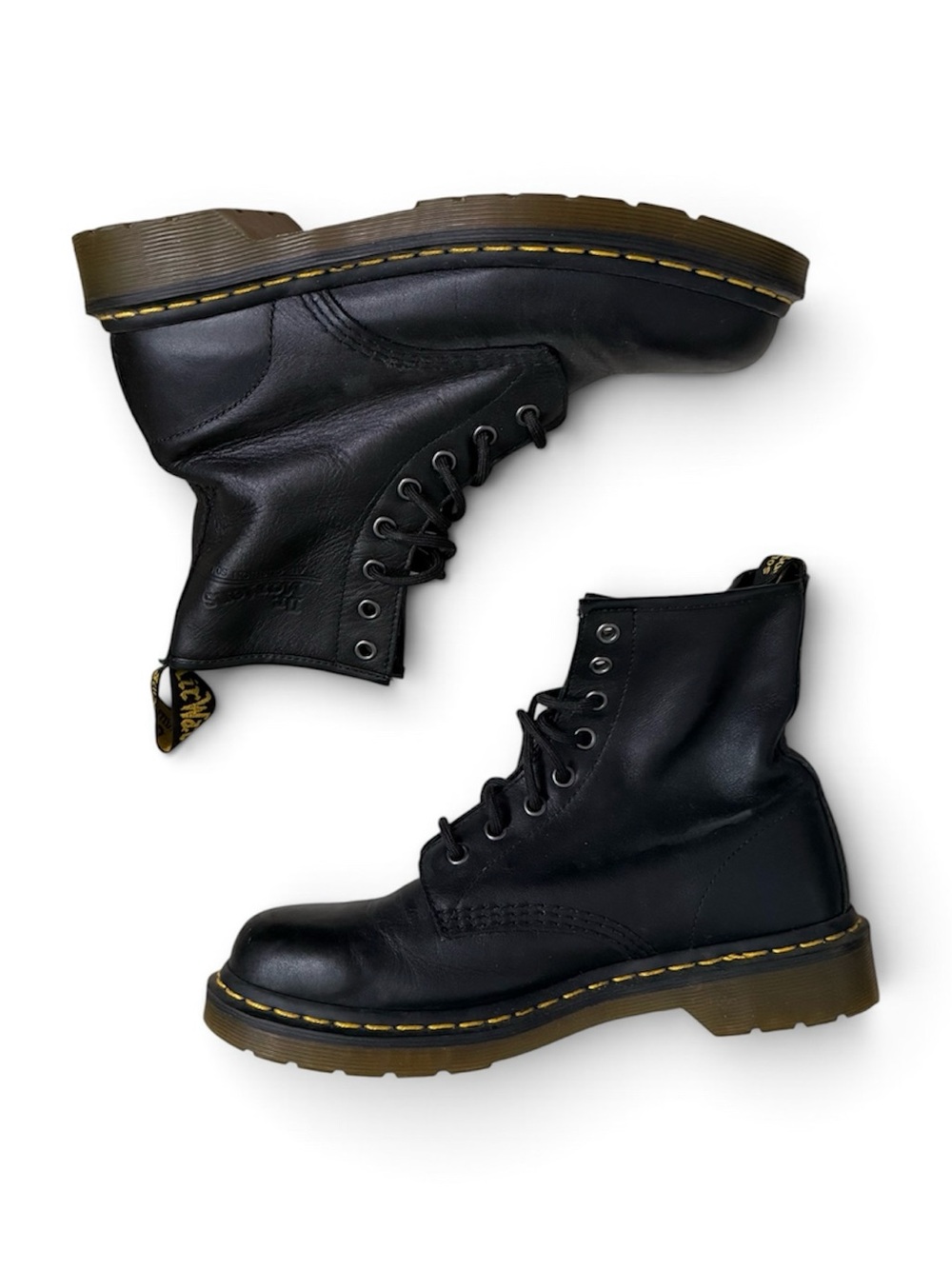 Dr. Martens Black Leather Lace-Up Boots with Yellow Stitching